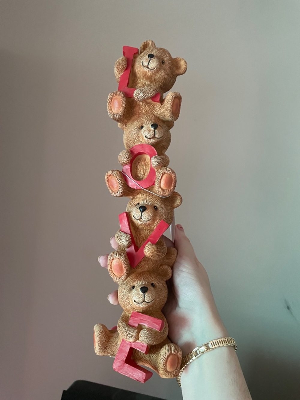 NWT Brown Teddy Bear statue Stack figurines with red Letters